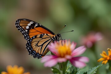 Fototapeta premium A Monarch butterfly with orange and black wings is perched on a pink flower. 