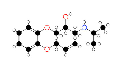 oxprenolol molecule, structural chemical formula, ball-and-stick model, isolated image beta blocker