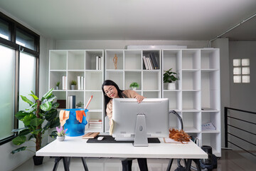 Professional Housekeeper Cleaning Modern Home Office with Desk and Shelves