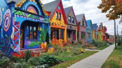 Obraz premium A colorful, artistic neighborhood featuring houses painted with murals and vibrant patterns, showcasing community creativity.