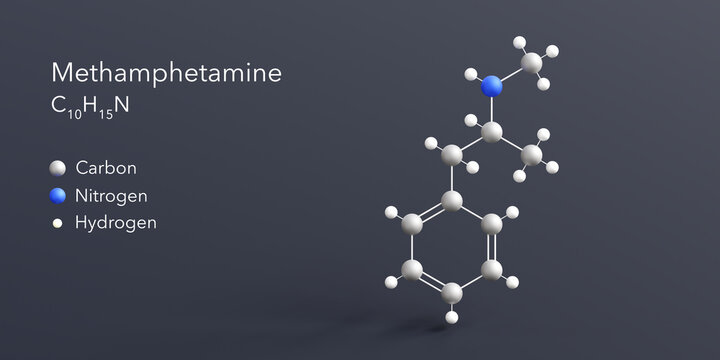methamphetamine molecule 3d rendering, flat molecular structure with chemical formula and atoms color coding