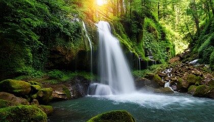 Fototapeta premium Majestic Waterfall Cascading Through Lush Green Forest