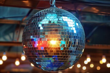 Obraz premium A Close-Up of a Shiny Disco Ball Hanging from the Ceiling
