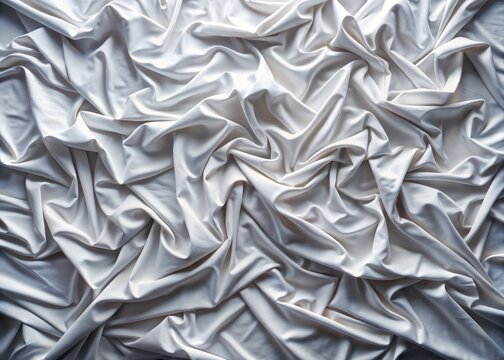 Intricately crinkled white bed sheets transformed into stylized textured backdrops, showcasing AI's creative prowess in algorithmically generating unique, maze-like patterns and folds.