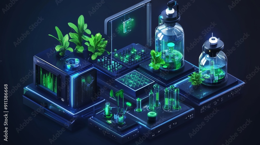 Poster representation of biotechnology and modern scientific instruments in abstract form