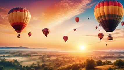 Obraz premium hot air balloons flying over a landscape with a sunset background.