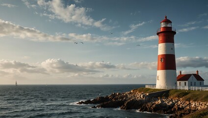A red and white lighthouse on a rocky coastline with a blue sky, 