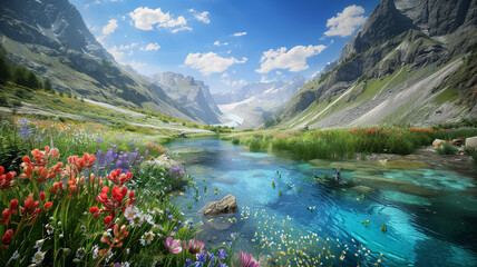 A trough valley with a clear blue river and wildflowers in full bloom