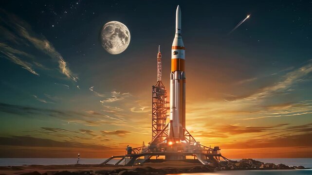 Video footage of  space rocket on a launch pad at twilight, with the ocean in the background and a dramatic sky above that features the moon and a comet