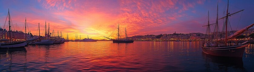 Beautiful harbor at sunset with tall ships and yachts reflecting in the calm water under a colorful...