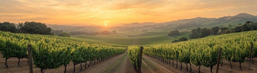 Fototapeta premium Sunrise over a vineyard in the rolling hills of a picturesque countryside with lush green vines in rows