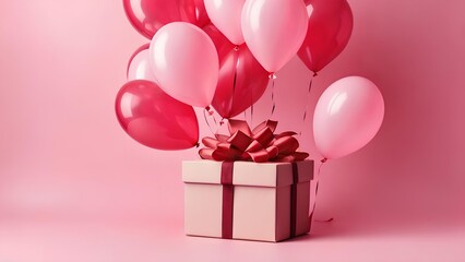 a pink gift box with a red ribbon and a red ribbon tied around it. Pink balloon with pink background, pink gift box, copy space, pink layout