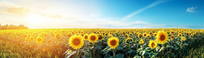 Endless sunflower field at sunrise with vibrant yellow blooms under a clear blue sky