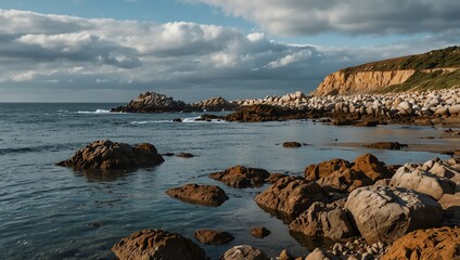 a rocky coastline with blue water and a cloudy sky.