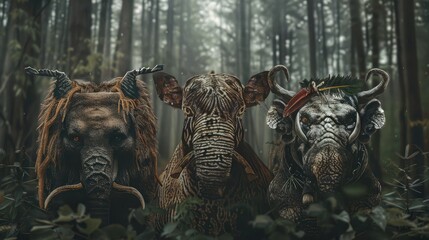 Four anthropomorphic animals standing in a row