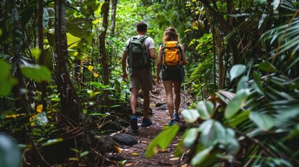 Adventurous couple hiking along a dense forest path