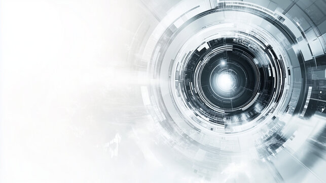 Abstract futuristic technology background featuring digital elements and a circular lens, presented in a white and gray color palette. This high-resolution illustration captures the high-tech feel wit