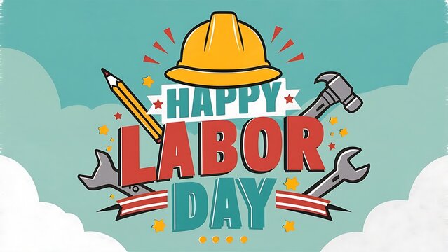 Celebration of Happy labor day with construction helmet and workers tools