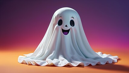 a white ghost with a smiley face on it sits on a purple background.