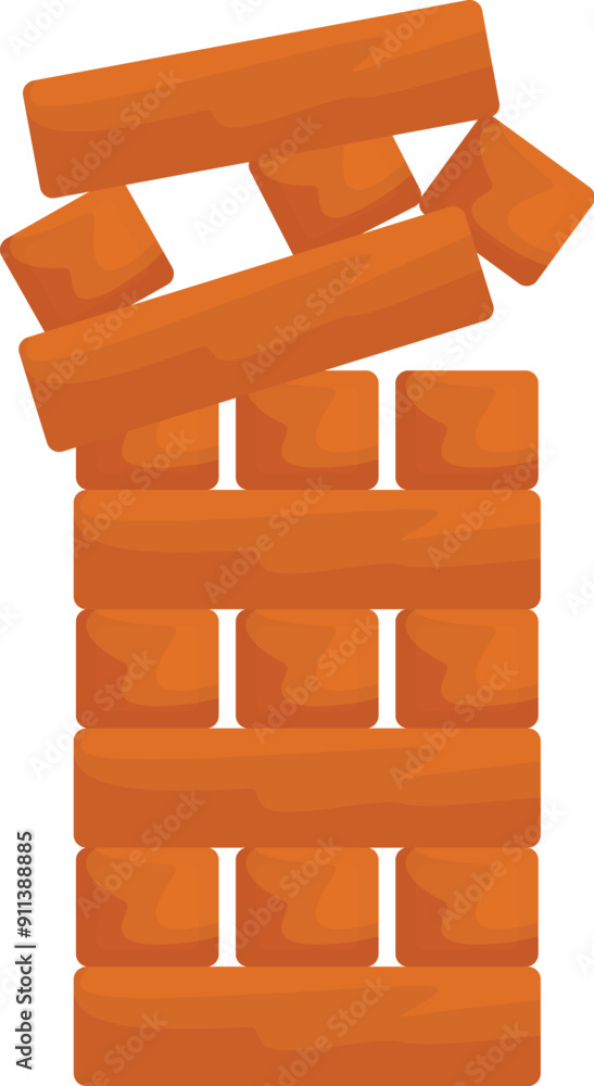 Poster wooden block game tower collapsing, with blocks toppling over, creating a sense of instability and s