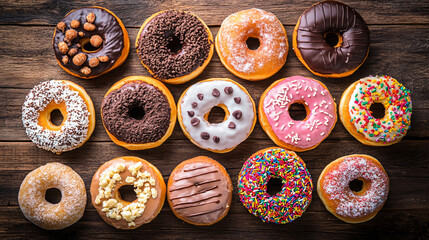 Assorted donuts with various fillings and toppings on a rustic wooden table