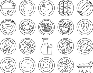 mexican cuisine dinner food icons set vector. table chili, salsa meal, lunch tortilla, pepper mexico, tomato, vegetable restaurant mexican cuisine dinner food black contour illustrations