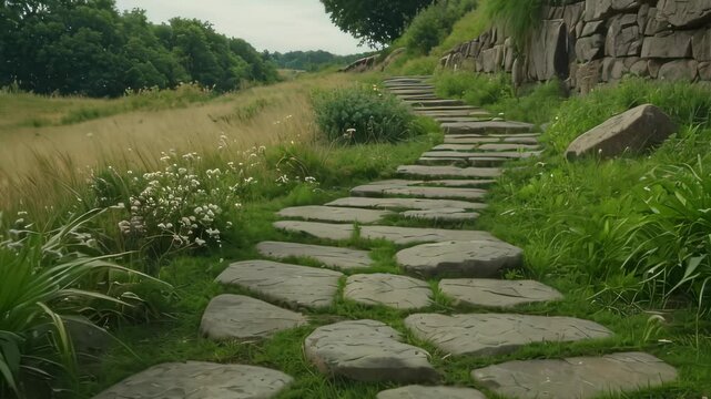 Video footage of  pathway made of irregularly shaped stepping stones leading through a grassy area with various plants on either side