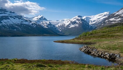 Peaceful Lake Surrounded by Snow-Capped Mountains