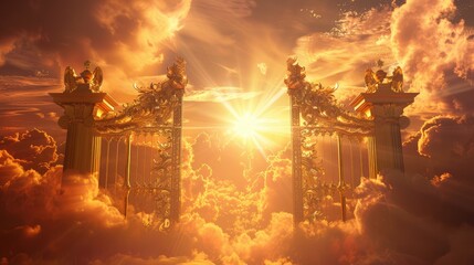 
Golden pearl gate of heaven with sun and clouds