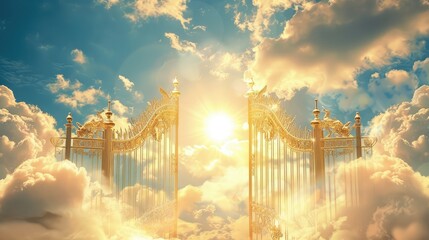 Fototapeta premium Golden pearl gate of heaven with sun and clouds