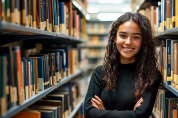Beautiful student girl smiling with arms folded in a library