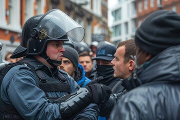Intense confrontation between police officer and protester