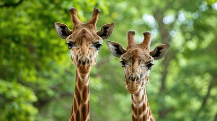 Obraz premium Concept of two giraffe heads in front of green trees.