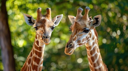 Obraz premium Concept of two giraffe heads in front of green trees.