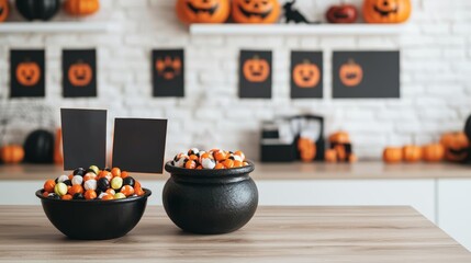 Reception desk with Halloween decorations, including a cauldron candy bowl and spooky business flyers