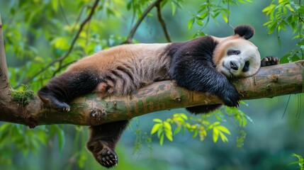 Obraz premium Lazy panda lying on a branch, wild animals of China