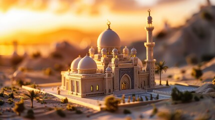 Naklejka premium A miniature model of the Grand Mosque at sunset.