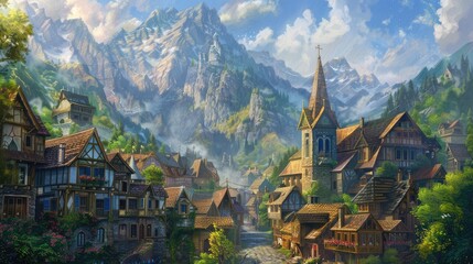 Building concept, architecture, painting, landscape, medieval valley