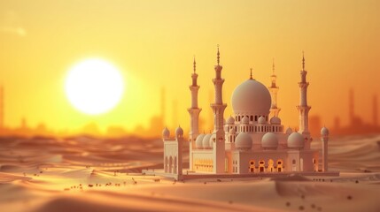 
A miniature model of the Grand Mosque at sunset.