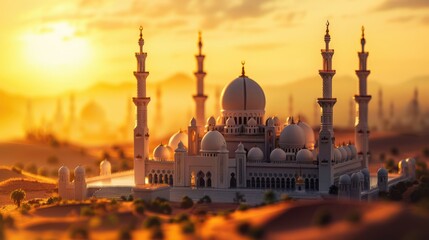 
A miniature model of the Grand Mosque at sunset.