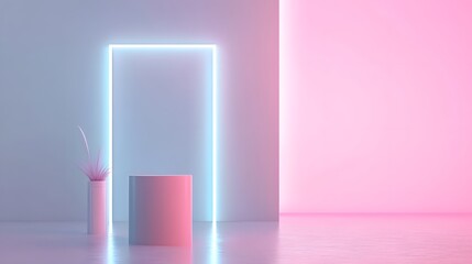 Minimalistic podium stand with a glowing neon light, modern design, 3D render, futuristic illustration