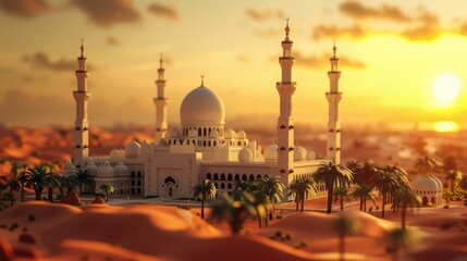 Naklejka premium A miniature model of the Grand Mosque at sunset.