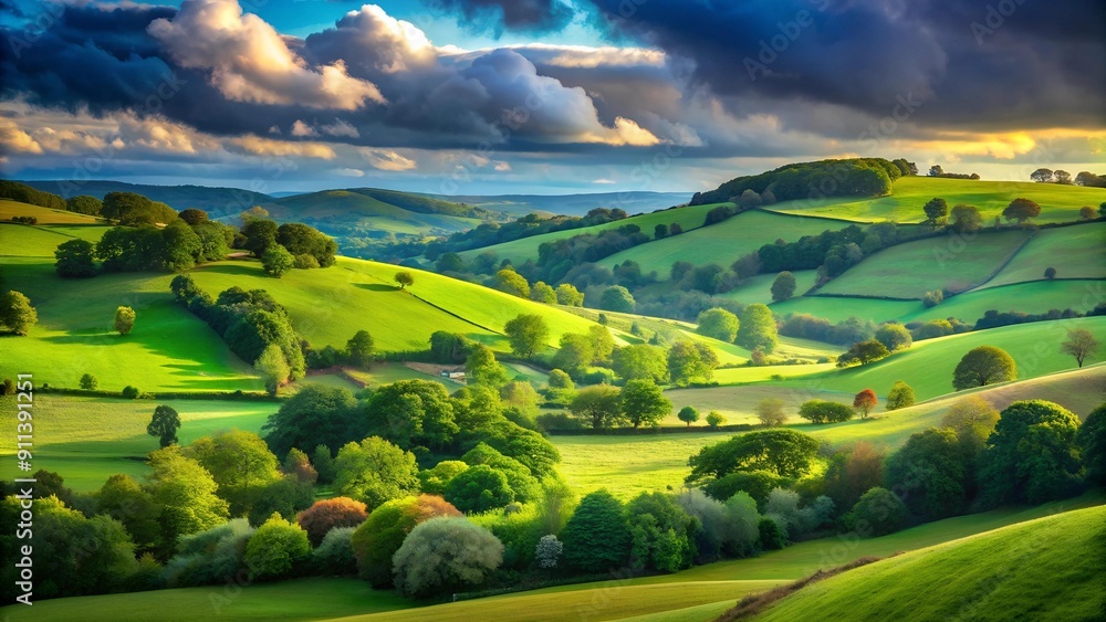 Wall mural A Tapestry of Green: An Impressionist View of the English Countryside  AI Generated