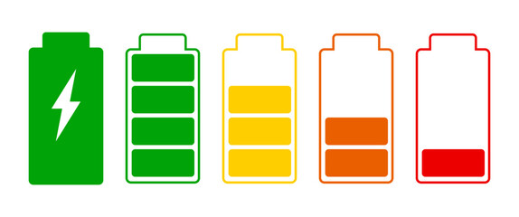 Battery Status Icons, ed, Green, Yellow color, Power Charging symbol, Electricity energy percentage, Capacity, Volt,, Cell, Low Battery, Full Battery illustration, Vector stock (Editable)