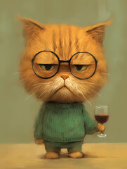 cat with a glass of wine