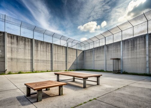 A barren, restricted outdoor area surrounded by high walls and barbed wire, with a few benches and little vegetation, evoking feelings of confinement and isolation.