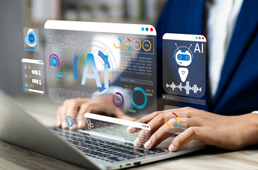 Businessman use artificial intelligence AI technology for enhanced work efficiency data analysis and efficient tools, Unlocking work potential with AI solutions chatbot help solve work problems.