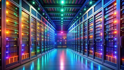 Fototapeta premium Abstract Symphony of Servers: A Visual Representation of Data Flow and Processing Power in a Modern Data Center AI Generated