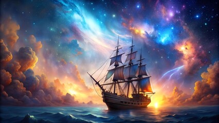 Obraz premium Celestial Voyage: A Galleon Among the Stars Generative AI