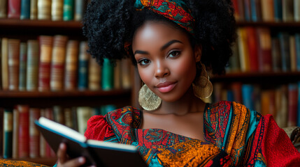 woman looking at the camera reading a book in the library